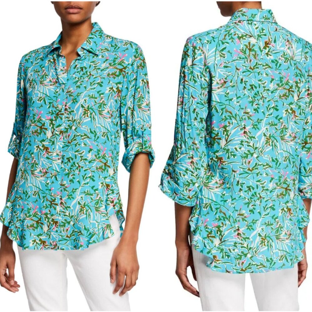 FINLEY Agetha Kyoto Floral-Print Ruffle Button-Front Shirt Blue Green Size XS